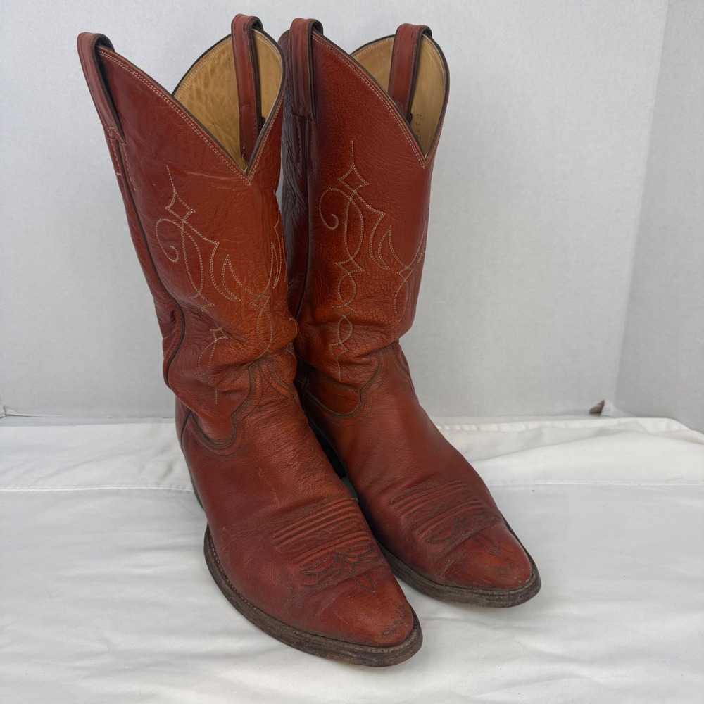 Justin Vintage Mens Cowboy Boots Reddish Brown Leather Western Pointed Toe 9D - Picture 2 of 12